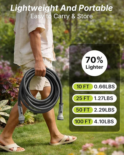 Garden Hose, Flexible Ultra Lightweight Durable, Kink-Free Water Hose with 10 Function Sprayer - Non-Shrinking, Easy to Store, All-Weather, High-Pressure, Black (50 FT)