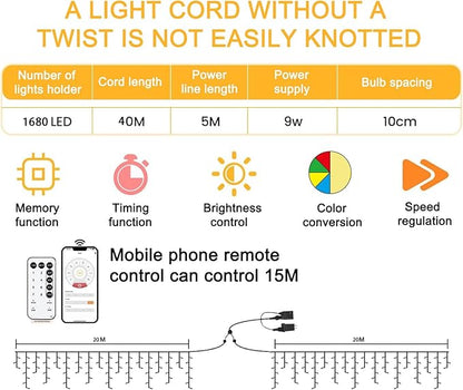131ft Christmas Lights Outdoor, 1680 LED Waterproof 8 Modes String Light with App and Remote Control for Outside House Roof Decorations Indoor Decor-Warm White to Multicolor
