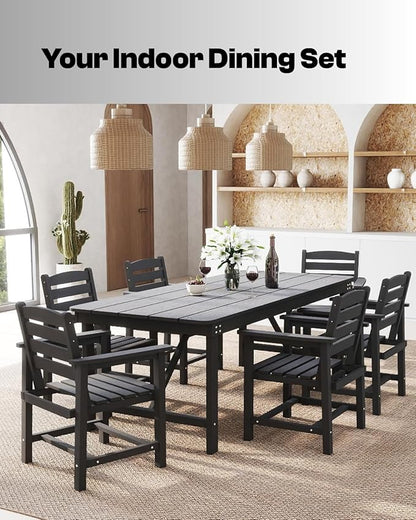 7-Piece Black HDPE Patio Table and Chairs Set, Weather Resistant Outdoor HDPE Dining Table Sets with Umbrella Hole for Lawn, Garden, Deck, Poolside, Balcony