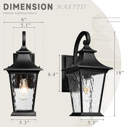 Outdoor Porch Light Waterproof Outdoor Wall Sconce Light with Water Ripple Glass Black Outdoor Light Fixtures Wall Mount 18 Inch Height E26 Socket