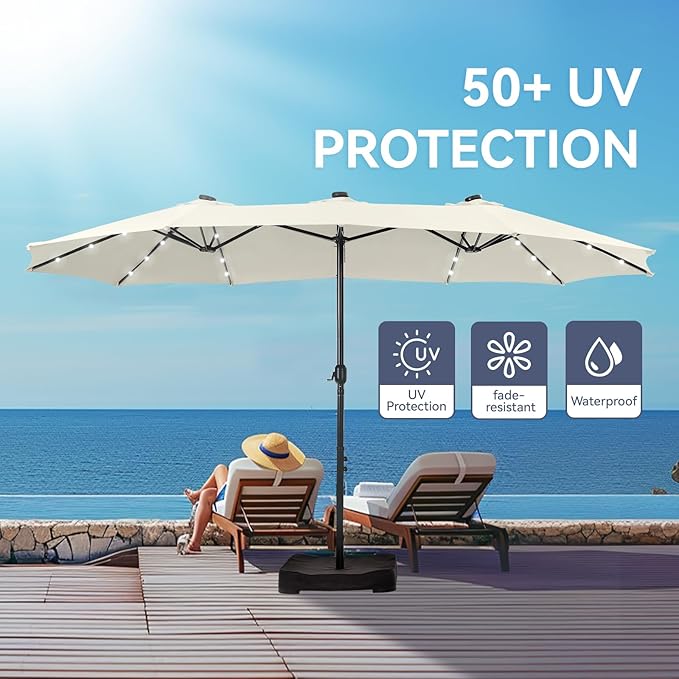 GREEN PARTY 15 ft Rectangle Patio Umbrella with Solar Lights and Base Included, Double-Sided Market Table Umbrella with Crank, Large Outdoor Umbrellas for Patio Poolside Garden Backyard, Ivory