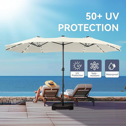 GREEN PARTY 15 ft Rectangle Patio Umbrella with Solar Lights and Base Included, Double-Sided Market Table Umbrella with Crank, Large Outdoor Umbrellas for Patio Poolside Garden Backyard, Ivory