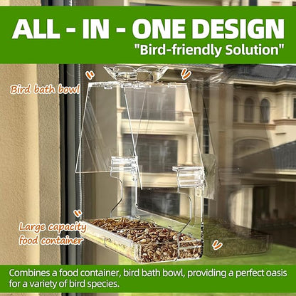 WENMIXER Window Bird Feeder with Non-Marking Self-Adhesive Hooks, Clear and Transparent, Outdoor Wild Bird Watching Gift, Garden Decor (with Large Window)