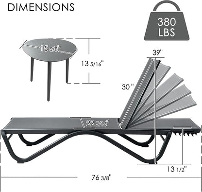 Kozyard Outdoor Chaise Lounge Chair, All Aluminum Frame and Textilene Fabric, Fully Flat Adjustable Reclining Patio Lounger for Poolside, Sunbathing & Backyard, Gray, 2Chairs + Table
