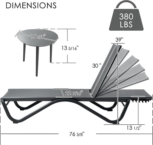 Kozyard Outdoor Chaise Lounge Chair, All Aluminum Frame and Textilene Fabric, Fully Flat Adjustable Reclining Patio Lounger for Poolside, Sunbathing & Backyard, Gray, 2Chairs + Table