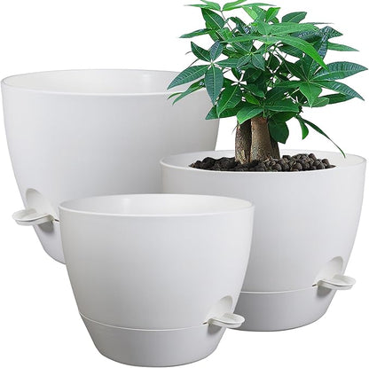 UOUZ Large Self Watering Pots, 12/10/9 Plastic Planters with High Drainage Holes and Deep Reservoir for Indoor Outdoor Garden Plants and Flowers, White