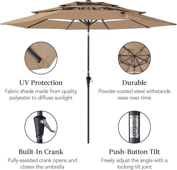 Best Choice Products 10ft 3-Tier Market Patio Umbrella, Outdoor Sun Shade with Tilt, Crank Lift, 8 Ribs for Backyard, Deck, Poolside – Tan