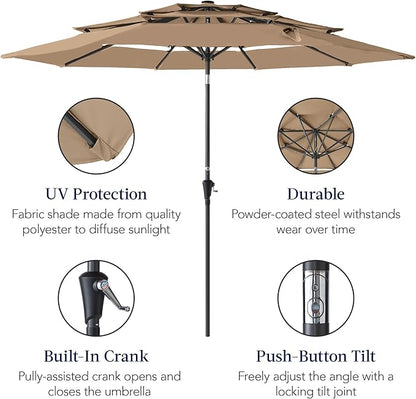 Best Choice Products 10ft 3-Tier Market Patio Umbrella, Outdoor Sun Shade with Tilt, Crank Lift, 8 Ribs for Backyard, Deck, Poolside – Tan