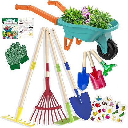 Kids Gardening Set with Wheelbarrow, Real Metal Garden Tools for Kids Ages 3-8, 4 Long Handle Tools, 3 Hand Tool, Gloves, 5 Stickers, Handbook, Outdoor Backyard Toys for Toddler Gift