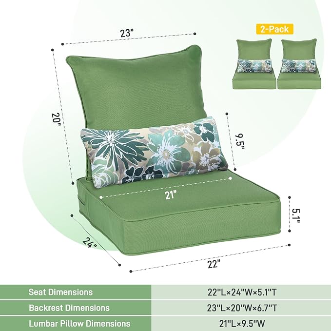 Aoodor Outdoor Chair Cushion, 22 x 24 Inch Water-Resistant, Fade-Resistant Olefin Frbric Patio Seat Cushions with Removable Cover and Adjustable Straps for Outdoor Furniture, Set of 2, Green