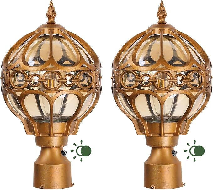Dusk to Dawn Globe Outdoor Post Light for Lawn Patio Yard Driveway, Brass Sphere Outside Lamp Post Light, Pier Mount Post Lantern Lighting Fixtures, Soccer Ball Exterior Pole Post Light(2 Pack)