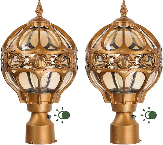 Dusk to Dawn Globe Outdoor Post Light for Lawn Patio Yard Driveway, Brass Sphere Outside Lamp Post Light, Pier Mount Post Lantern Lighting Fixtures, Soccer Ball Exterior Pole Post Light(2 Pack)