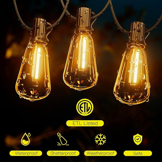 OHLUX Outdoor Light String, 30FT Dimmable Outdoor String Lights with 17 Shatterproof ST38 LED Vintage Edison Bulbs,2200K Connectable Hanging Lights for Deck Porch Bistro Gazebos Balcony Garden