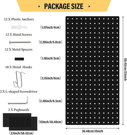 DEWEL Peg Board 2 Pack, 23x12 Inch Metal Pegboard Panels with Hooks, Black Heavy Duty Wall Organizer System for Garage Tool Storage, Workshop, Office and Craft Room（2pcs black）
