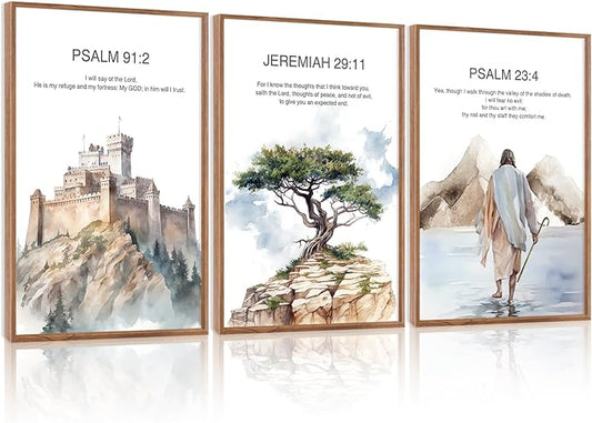 CHDITB Christian Bible Verse Framed Canvas Wall Art Set, Scripture Prints, Inspirational Spiritual Wall Decor, Religious Refuge Hope Vintage Christian Poster For Living Room, Bedroom, Church 16"x24"X3