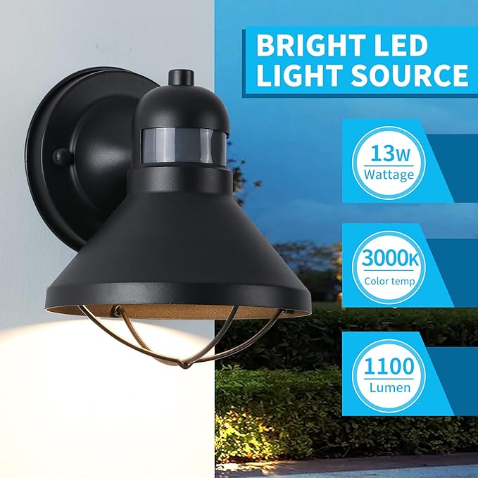 LONEDRUID Motion Sensor Outdoor LED Porch Wall Light Fixtures Dusk to Dawn Exterior Barn Lantern Black Farmhouse Sconce Lighting Wall Mount Lamp for Garage Patio Balcony Doorway