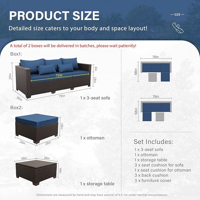 Patio Furniture Set 3 Pieces Outdoor Sectional Sofa Set Wicker Patio Furniture Outdoor Couch Outdoor Ottoman Coffee Table with Storage All-Weather Anti-Slip Cushions Waterproof Covers, Navy Blue