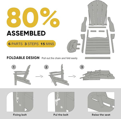 Adirondack Chair, HDPE Folding Adirondack Chair with Multifunctional Cup Holder, Weather Resistant Fire Pit Chair for porches, patios, patios, poolsides, Decks.