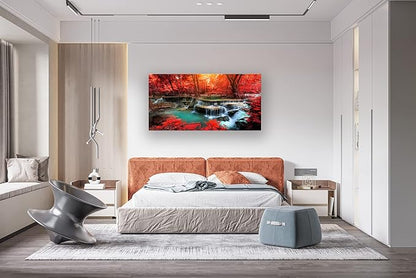 Muolunna BK03950 Wall Art Decor Canvas Print Picture Red Forest Waterfalls 1 Piece Modern Landscape Tree for Living Room Bedroom Kitchen Office Home Decorations Stretched and Framed Ready to Hang