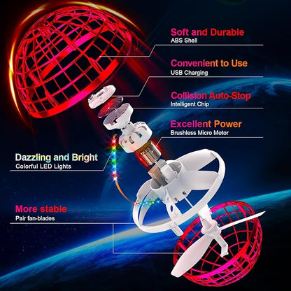 Ivtivfu Flying Orb Ball (Red, 2025 Upgraded) with Dazzling Lights, Magic Hover Spinner, Cool Boomerang Drone, Floating Cosmic Globe, Kids Outdoor Toys, for 6 7 8 9 10 Year Old Boys Girls