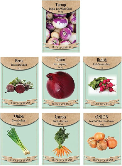 Root Vegetable Seed Set - 7 Varieties of Non-GMO Heirloom Premium Seeds for Planting - Onions, Carrot, Radish, Beet, and Turnip