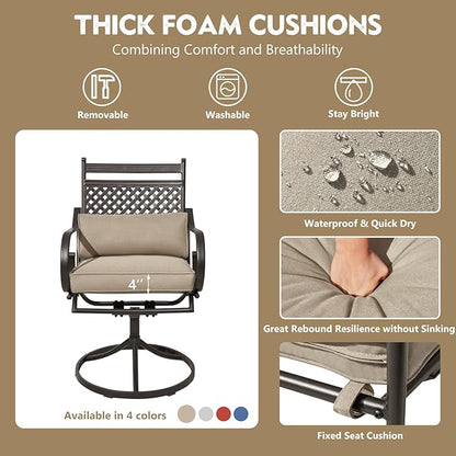 MELLCOM Patio Swivel Chair Set of 2, Heavy Duty Outdoor Dining Chairs with Cushions and Lumbar Pillows, Metal Patio Chairs Gentle Rocker for Outside, Garden Lawn & Porch, Backyard, Khaki