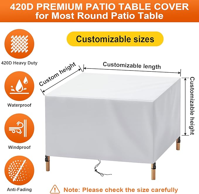 Patio Furniture Cover Rectangle 72"(L) x 44"(W) x 34"(H), Custom Heavy Duty 420D Waterproof Outdoor Cover with Drawstring & Buckles for Table Chair Garden, Silver