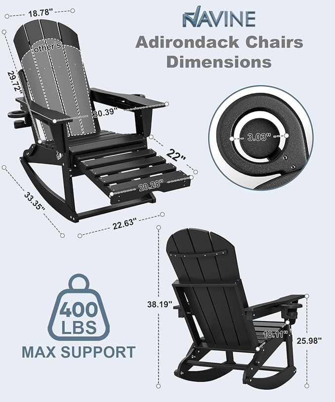 Adirondack Rocking Chairs Set of 4 with Retractable Ottoman, All Weather Folding Adirondack Chair with Two Cup Holders, Adirondack Outdoor Rocking Chairs for Porch, Patio, Balcony. Black