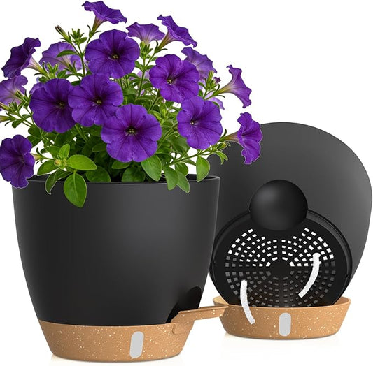 Self Watering Pots with Drainage Holes, 2 Pack 10 Inch Plant Pots with Water Level Indicator Deep Reservoir, Large Plastic Planter for Indoor Outdoor Plants - Black Brown