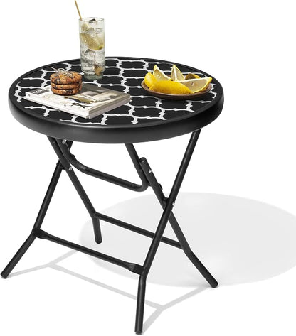 Foldable Patio Side Tables, 17.7" Small End Table Outdoor Weatherproof, Round Glass Top Outside Folding Table for Poolside, Balcony, Yard, Porch（Black and White Stripe）