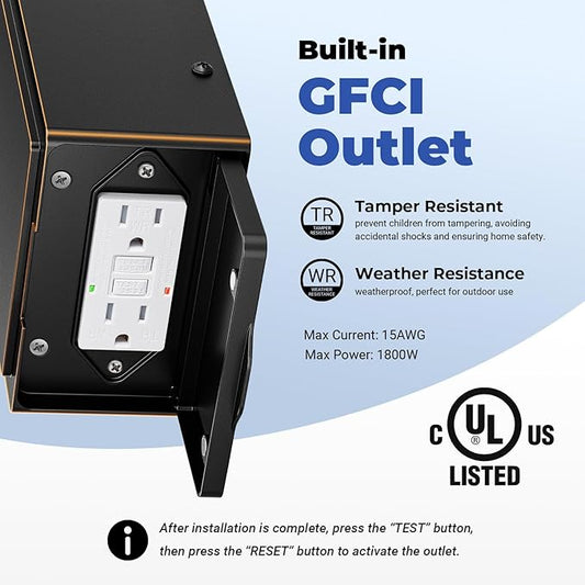 Exterior Lighting Fixtures with GFCI Outlet, Modern Black Outdoor Wall Light Fixture with Gold Trim, Dusk to Dawn Outside Lights for House, Garage, Garden, Porch, Hardwired, Easy-to-Install