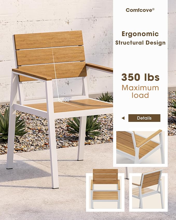 Outdoor Patio Dining Chairs Set of 2, Aluminum & HDPE All-Weather for Deck, Lawn, Backyard, Pool and Indoor Use (White & Teak)