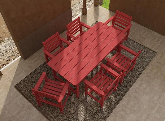 7-Piece Red HDPE Patio Table and Chairs Set, Weather Resistant Outdoor HDPE Dining Table Sets with Umbrella Hole for Lawn, Garden, Deck, Poolside, Balcony