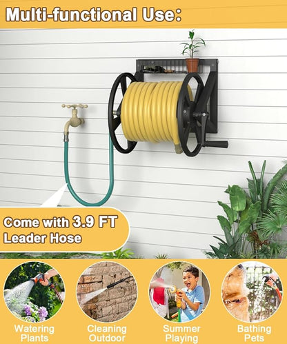 Artigarden Triangle Wall Mounted Garden Hose Reel, Outdoor Heavy-Duty Water Hoses Holder Winder, Holds 125 Ft of 5/8-Inch Hose, with 3.9 ft Leader Hose, Brass Fitting, Storage Basket for Yard, Black