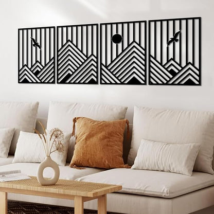 ESTART 4 Pcs Metal Mountain Wall Art, Minimalist Decor Single Line Art Wall Decor, Nature Abstract Line Minimalist Wall Art for Living Room Bedroom Bathroom Study Room (Black)