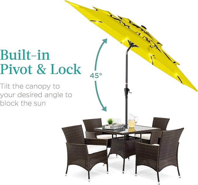 Best Choice Products 10ft 3-Tier Solar Patio Umbrella, Outdoor Market Sun Shade for Backyard, Deck, Poolside w/ 24 LED Lights, Tilt Adjustment, Easy Crank, 8 Ribs - Yellow