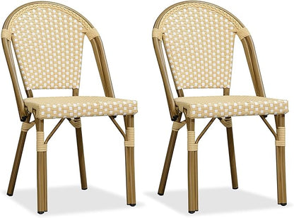 PURPLE LEAF Bistro Chair (Set of 2) French Hand-Woven Wicker Chairs for Outdoor Patio Porch Garden Indoor, Bamboo Print Finish, Cream Yellow, Dining Chairs