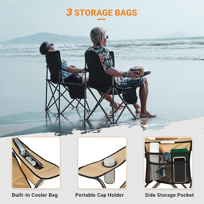 KingCamp 2 Pack Oversized Camping Chair for Adults Folding Chairs Heavy Duty 300lbs Camp Chair Padded Outdoor Chair with Cooler Bag, Cup Holder, Side Pocket for Garden Fishing Picnic Sports…