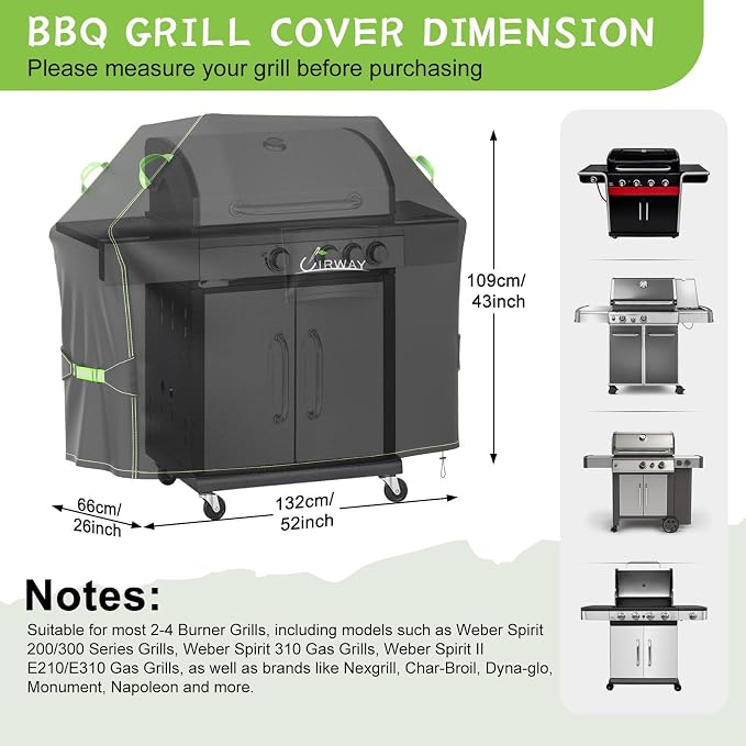 UIRWAY Gas Grill Cover 52 Inch, Waterproof, UV & Fade Resistant BBQ Grill Cover for Outdoor, Barbecue Cover with Reflective Strip and Air Vent for Weber, Dyna-glo, Char-Broil, Nexgrill, etc. Black