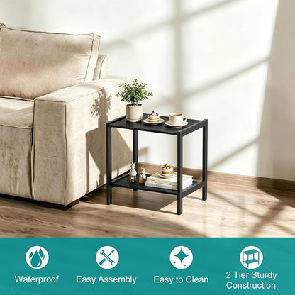 Outdoor Side Table 2 Tier Small Patio End Table with Metal Frame, Weather Resistant Square Porch Coffee Table for Patio, Deck, Garden, Backyard and Balcony, Indoor Outdoor Use, Black