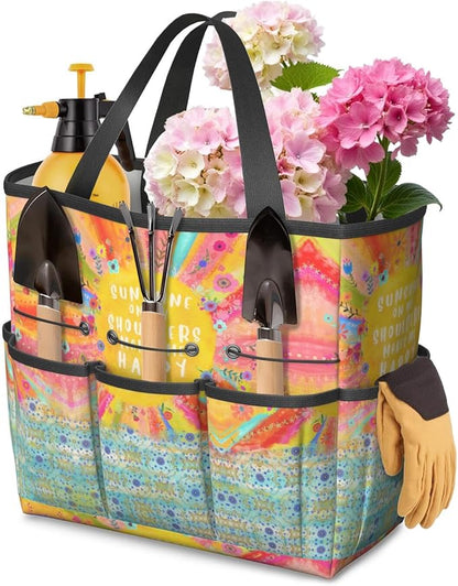 Boho Garden Tool Bag - Waterproof Floral Garden Tote with 8 Pockets, Large Storage Home Organizer Gardening Tool Oxford Bag for Garden Tools Kits Holder, Ideal Outdoor Gardening Gift for Women & Men