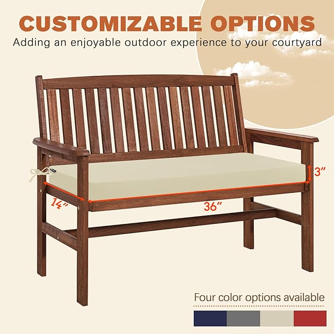 Favoyard Outdoor Bench Cushion 36 x 14 Inch Rainproof Patio Furniture Cushions 3-Year Color Fastness Garden Settee Porch Pads with Ties, Beige