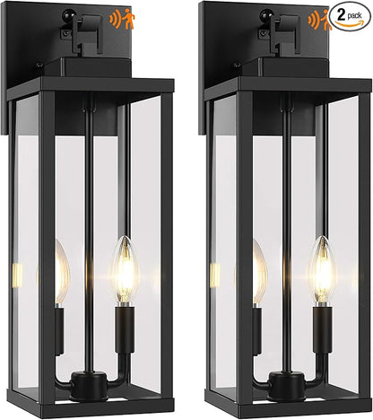 BesLowe 18” Upgraded Motion Sensor Outdoor Wall Lights, Dusk to Dawn Porch Lights Outdoor Wall Sconces, 3 Lighting Modes Exterior Lighting Fixtures with Hooks, Black Outside Lights for House, 2-Pack