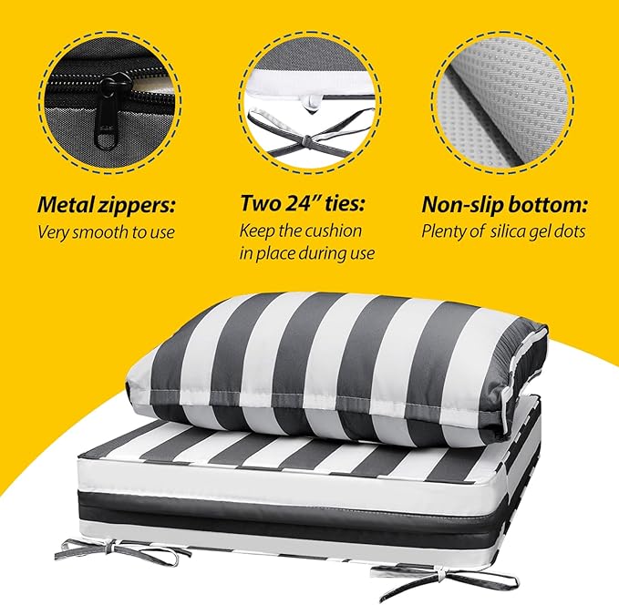 AAAAAcessories Outdoor Seat Cushions for Chairs, Fade-Resistant, Waterproof Patio Furniture Replacement Cushions, 23.5" x 25.5" x 5" + 23.5" x 13.5", Gray Cabana Stripe
