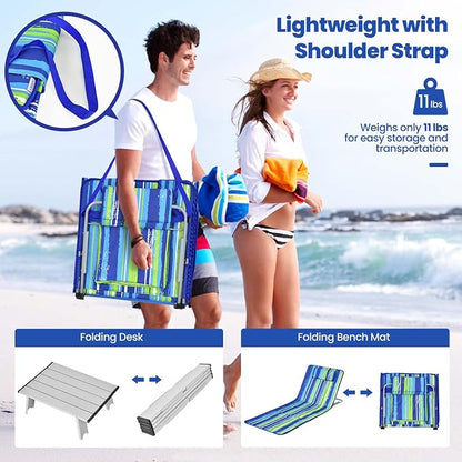 Giantex Beach Chairs for Adults 2 Pack Set with Side Table, 5 Position Adjustable Folding Lawn Chair for Sunbathing, Patio Chaise Lounge Lightweight Backpack Camping Chairs (Stripe)