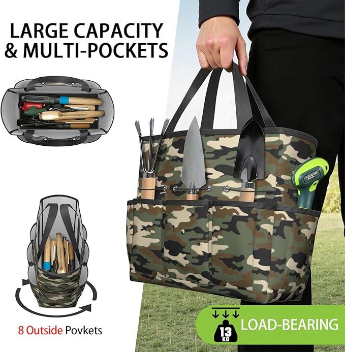 Green Camo Garden Tool Bag - Waterproof Garden Tote with 8 Pockets, Large Storage Home Organizer Gardening Tool Oxford Bag for Garden Tools Kits Holder, Ideal Outdoor Gardening Gift for Women & Men