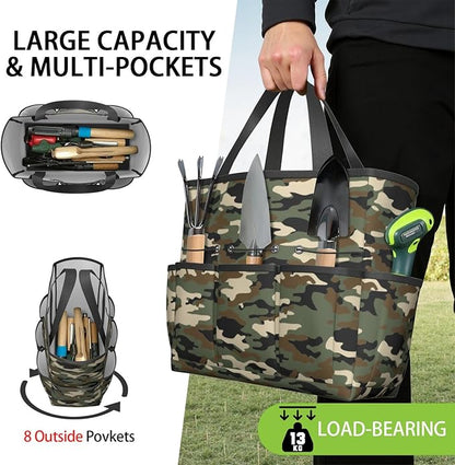 Green Camo Garden Tool Bag - Waterproof Garden Tote with 8 Pockets, Large Storage Home Organizer Gardening Tool Oxford Bag for Garden Tools Kits Holder, Ideal Outdoor Gardening Gift for Women & Men
