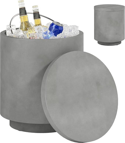 HOMCOM 2.6 Gal Outdoor Cooler Side Table, 3-in-1 Cool Coffee Table with Storage, Removable Ice Bucket and Lid, Concrete Small Patio Table for Party, Poolside, Deck, Gray