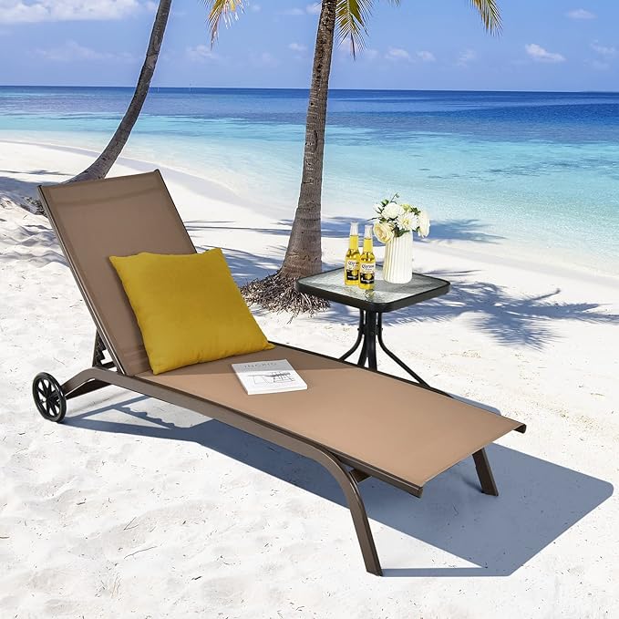 COSTWAY Chaise Lounge Chair Outdoor with Wheels, 6-Position Adjustable Tanning Chair with Stable Aluminum Frame, Portable Sun Bathing Lounge Chair for Backyard, Garden, Poolside, Coffee