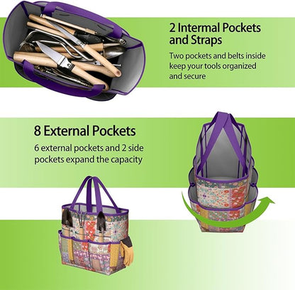 Boho Garden Tool Bag - Waterproof Floral Garden Tote with 8 Pockets, Large Storage Home Organizer Gardening Tool Oxford Bag for Garden Tools Kits Holder, Ideal Outdoor Gardening Gift for Women & Men